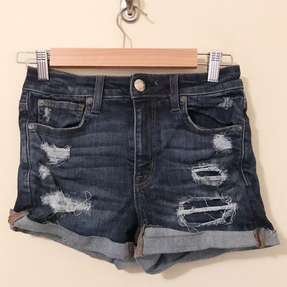 American Eagle Hi Rise Shortie Ripped Stretch High Waist denim jean shorts 4 - Picture 1 of 7